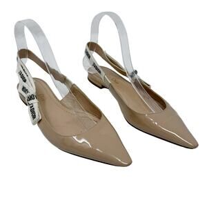 Christian Dior J’Adior Slingback Flats Nude Patent Leather Logo Bow 37.5